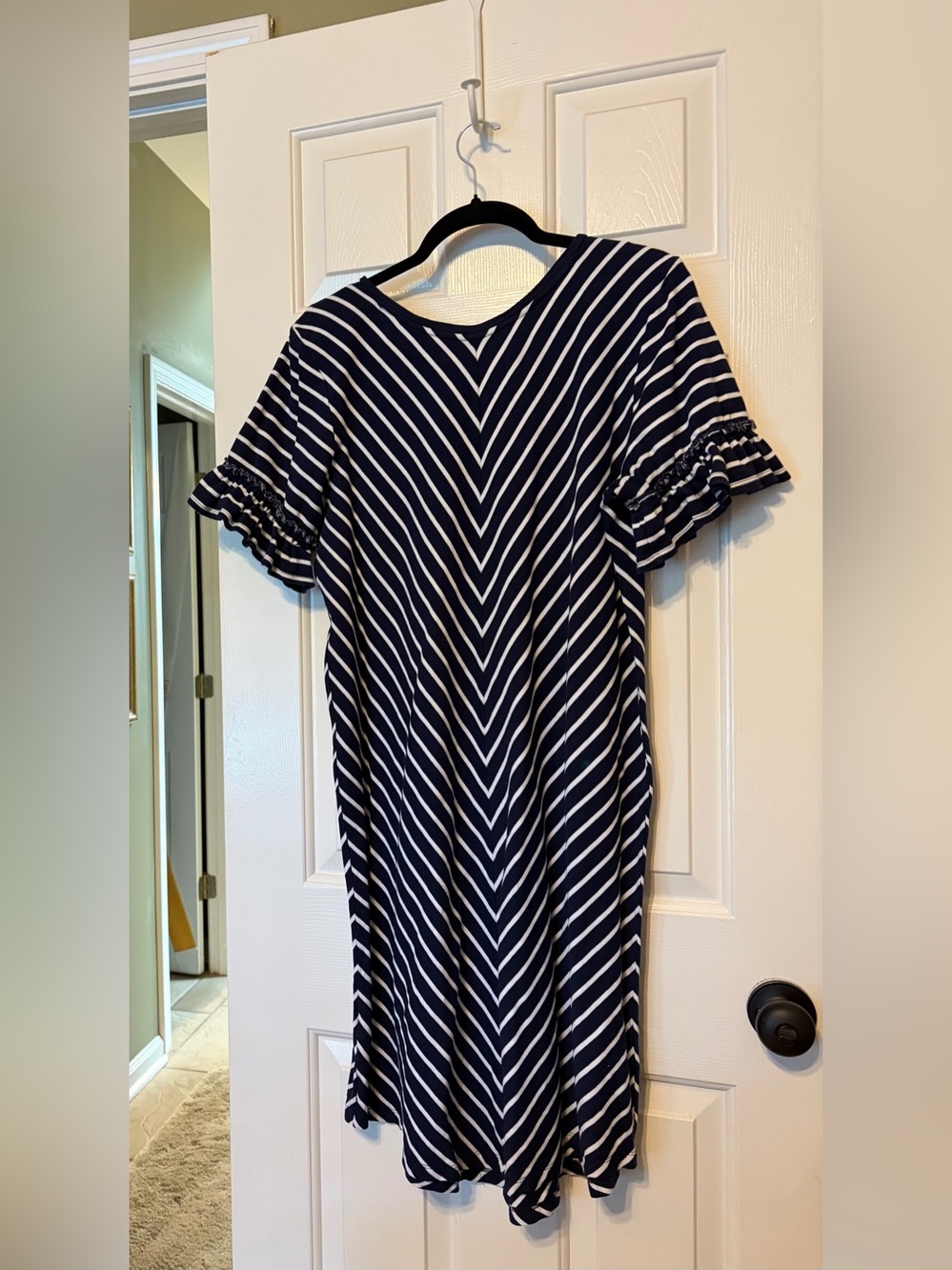 Kim Rogers Navy & White Striped V-Neck Ruffle Sleeve Midi Dress, Size 1X 💙 - Picture 8 of 10